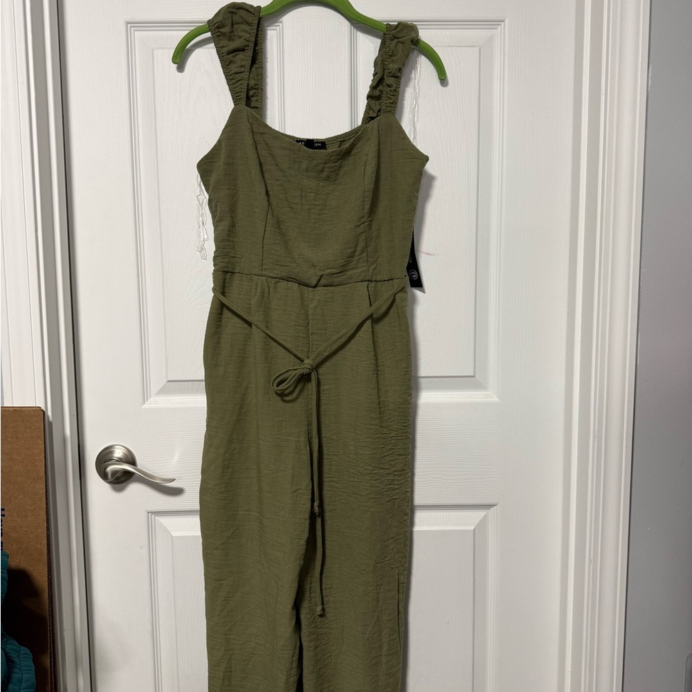 As U Wish Olive Green Ruffle-Strap Jumpsuit